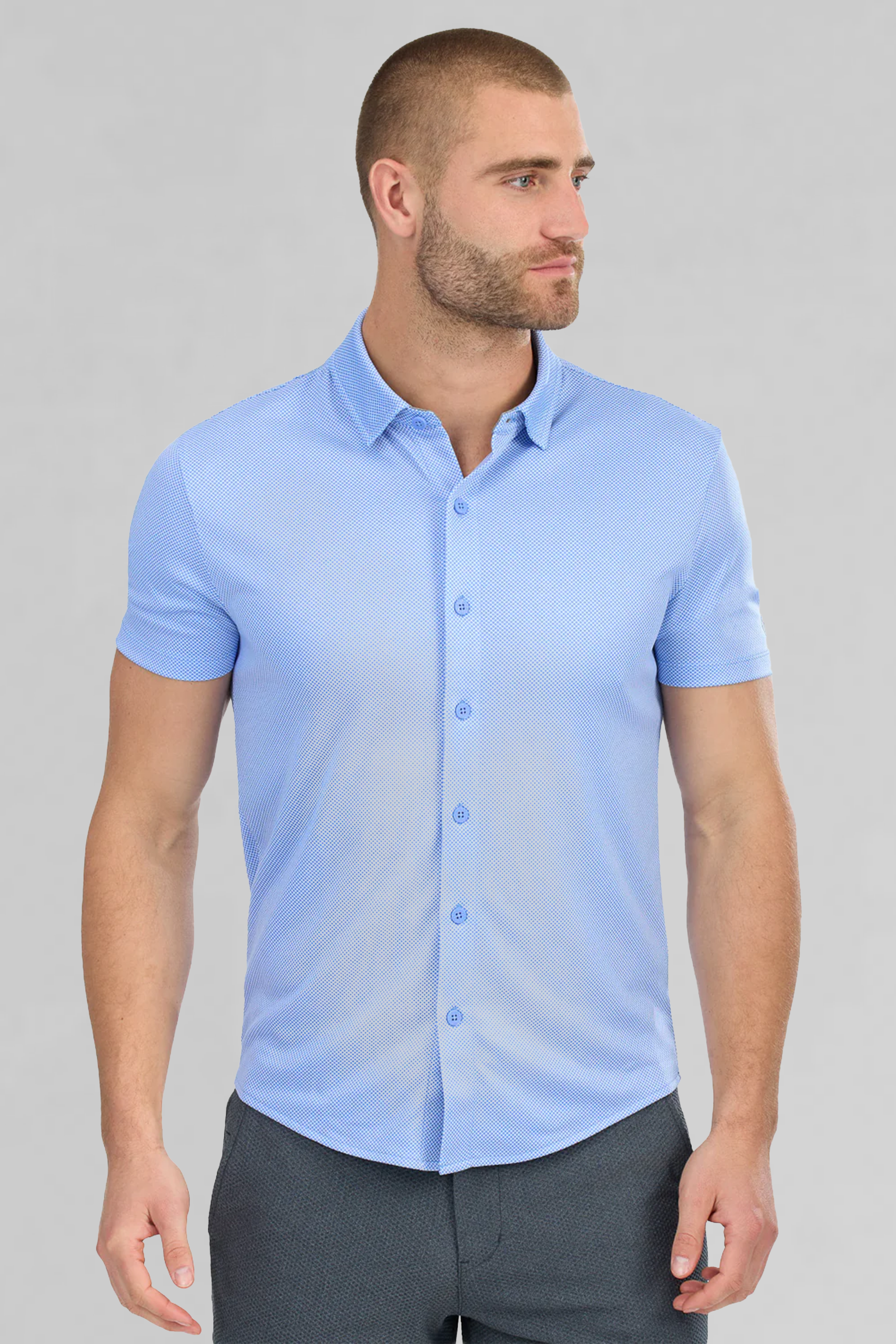 Twillory Men's Short Sleeve Button Down Polo Dot - Blue Diamond - Tailored Fit, Moisture-Wicking