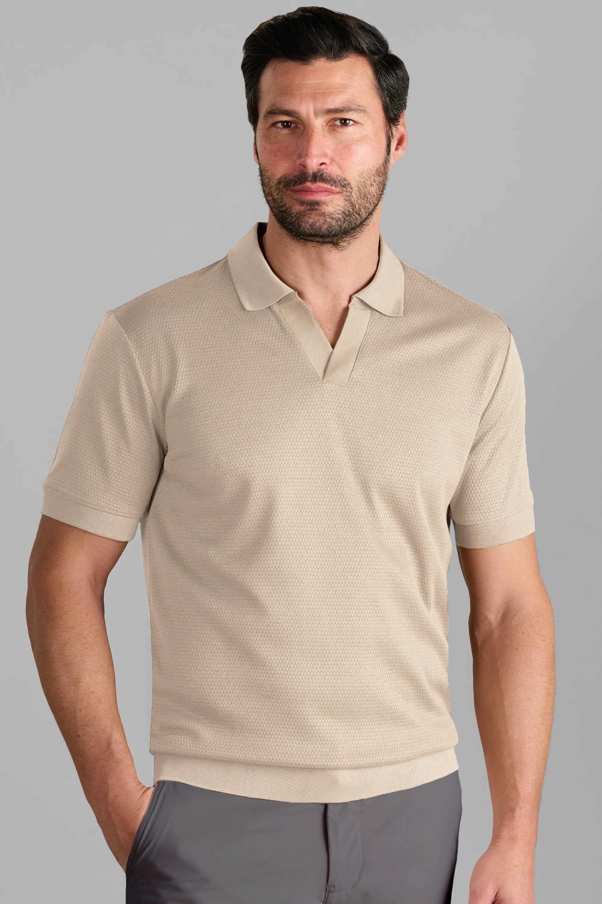 Short Sleeve Sweater Polo Solid // Bone