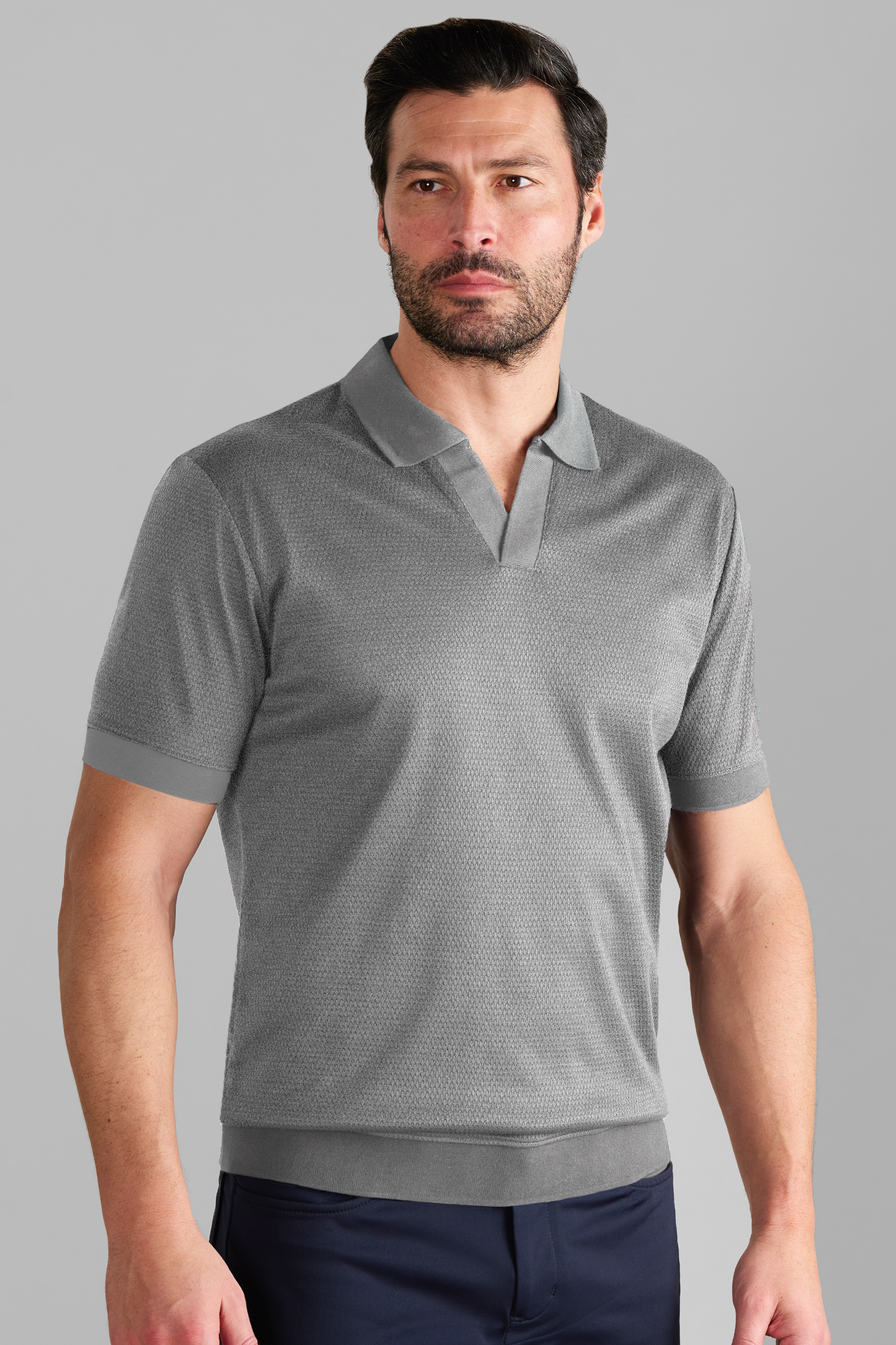 Short Sleeve Sweater Polo Solid // Light Grey