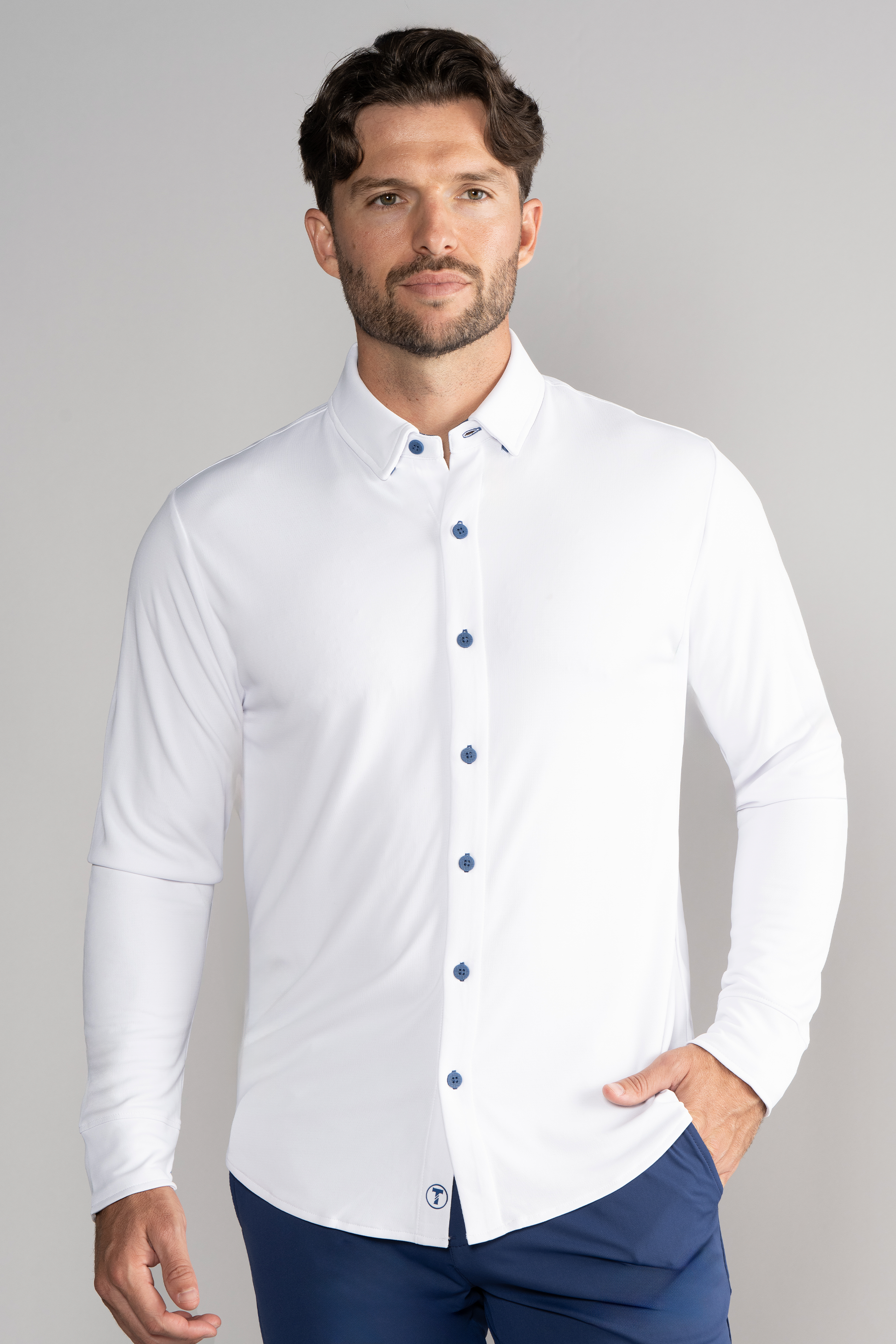 Twillory Men's Long Sleeve Button Down Polo Contrast - White Blue - Tailored Fit, Moisture-Wicking