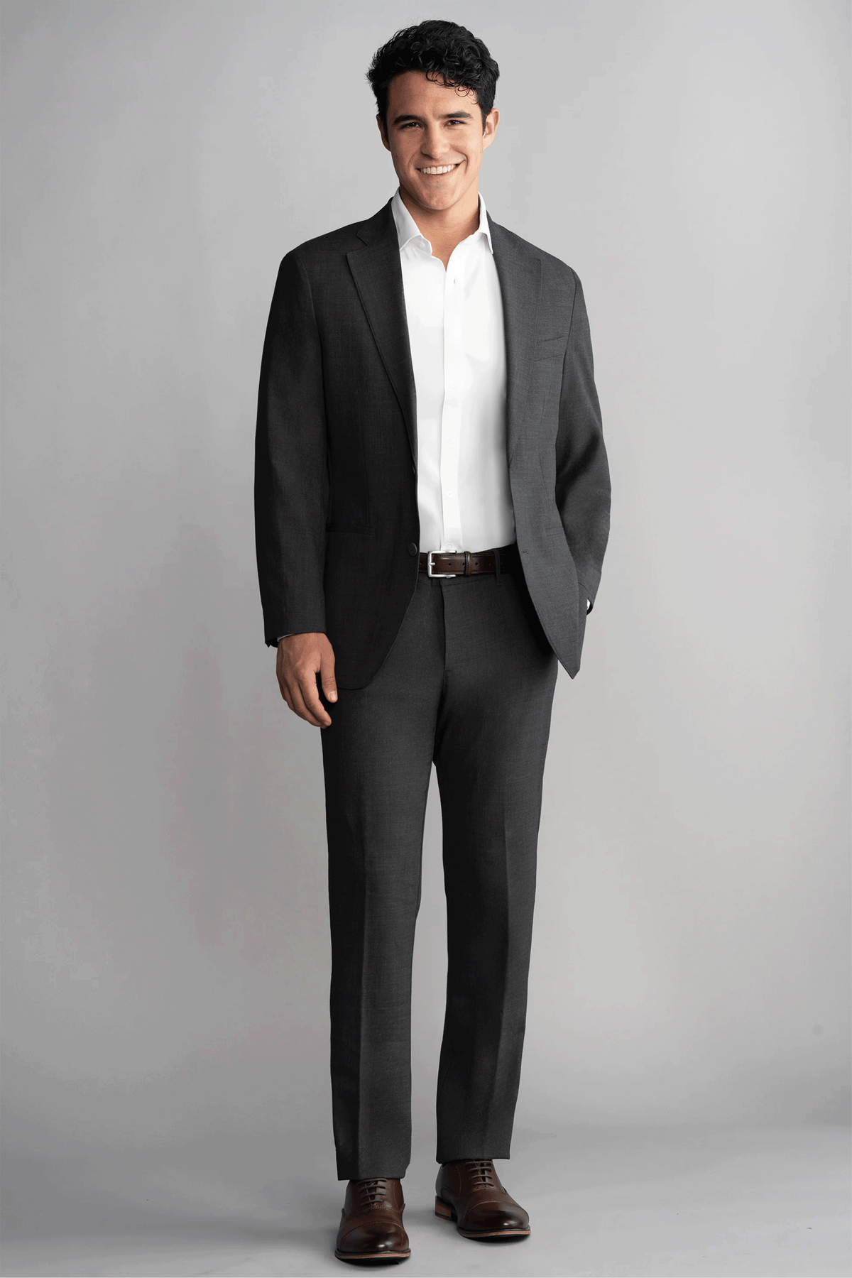 Model wearing Hybrid Wool Blazer – Grey Heather, front fit visible.