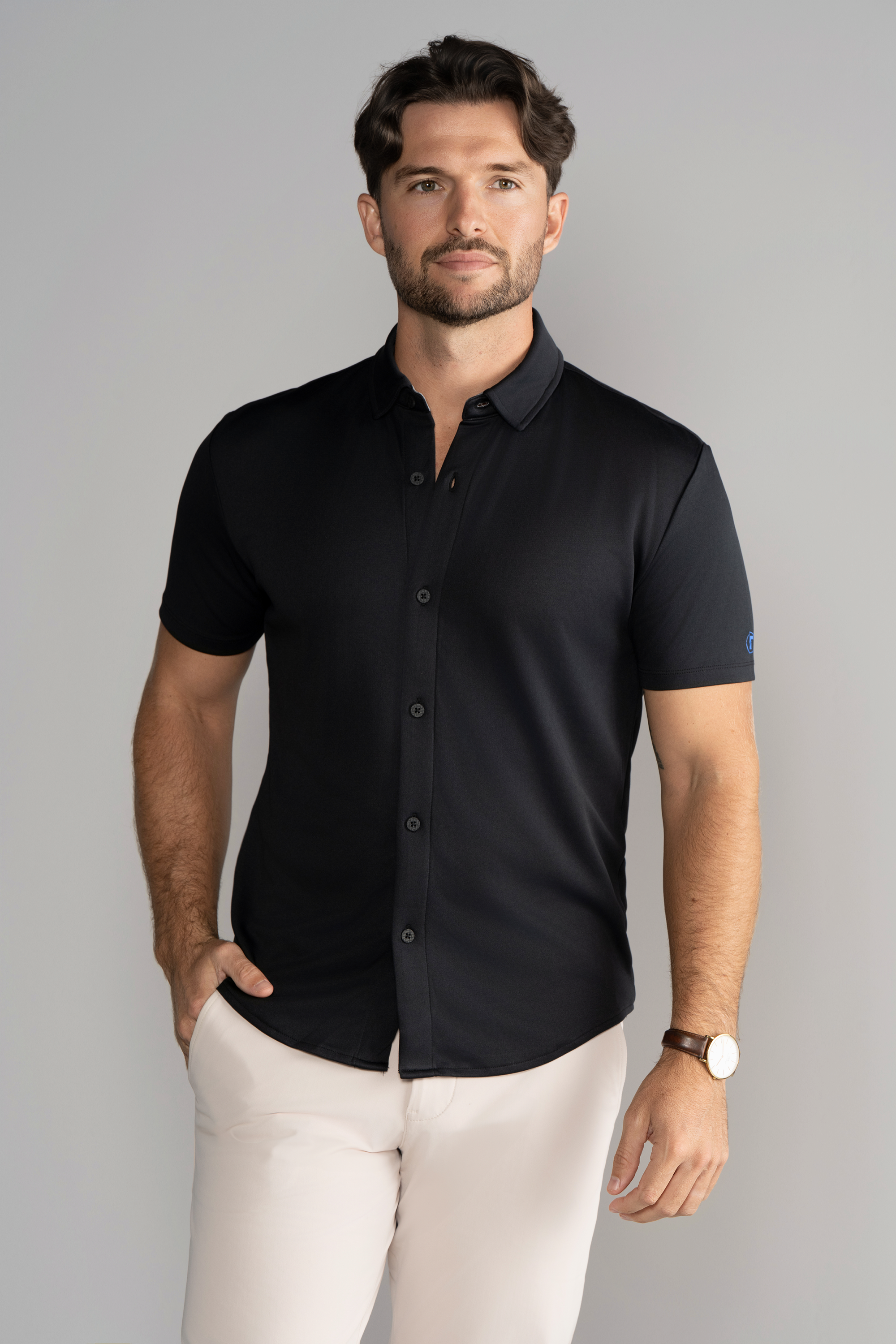 Short Sleeve Button Down Polo Solid // Black