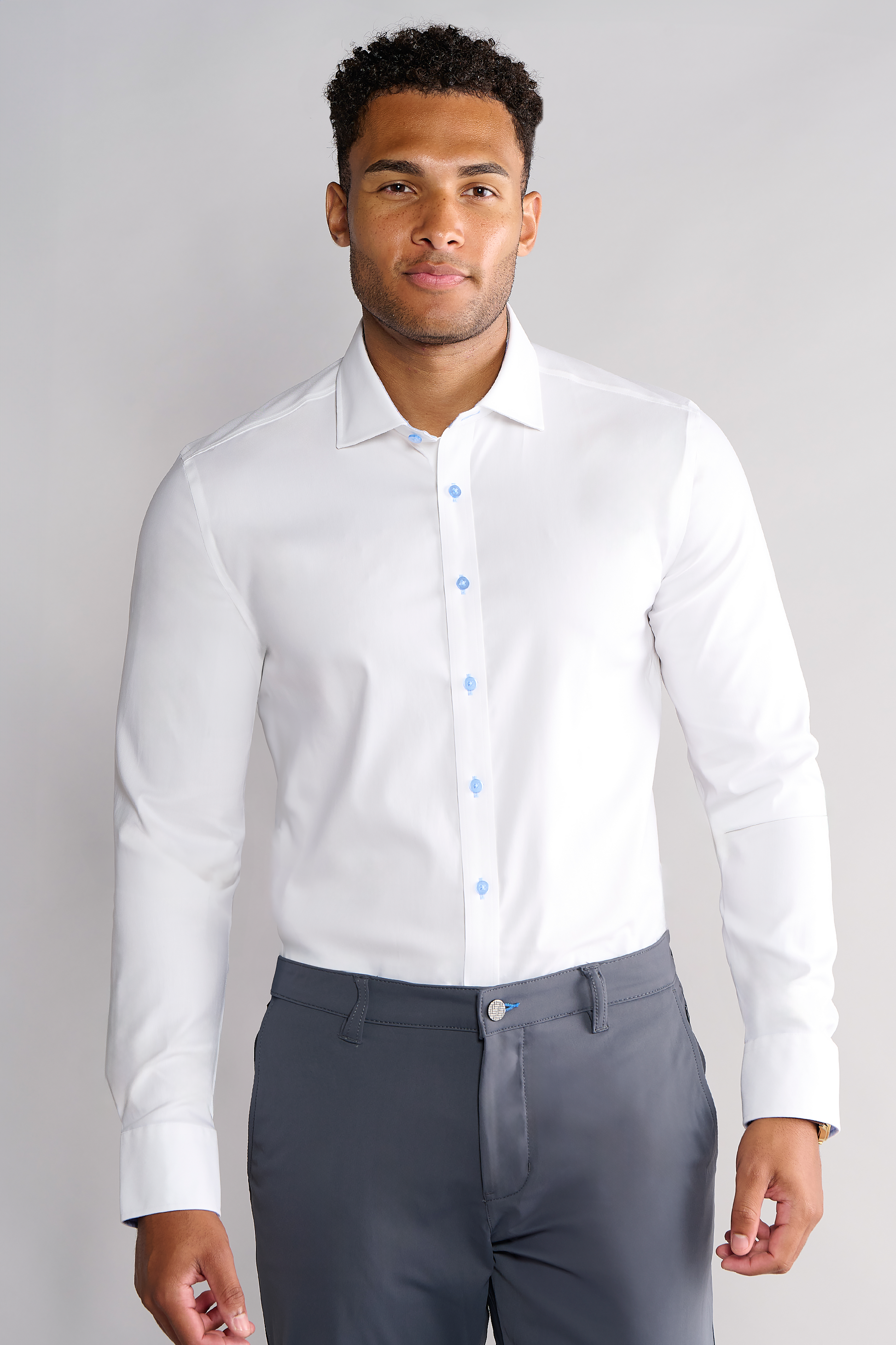 Men's White Dress Shirt With Blue Buttons, Cuffs and Collar Lining Twillory Men's White Dress Shirt With Blue Buttons, Cuffs and Collar Lining Twillory