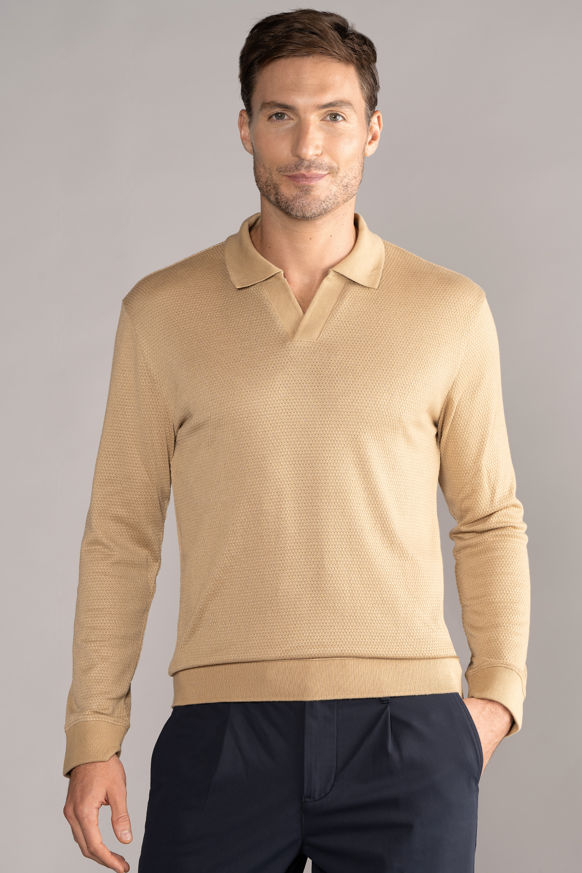 Twillory Men's Long Sleeve Sweater Polo - Camel - Tailored Fit, Wrinkle-Free