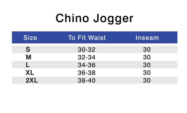 Performance Chino Jogger Size Chart