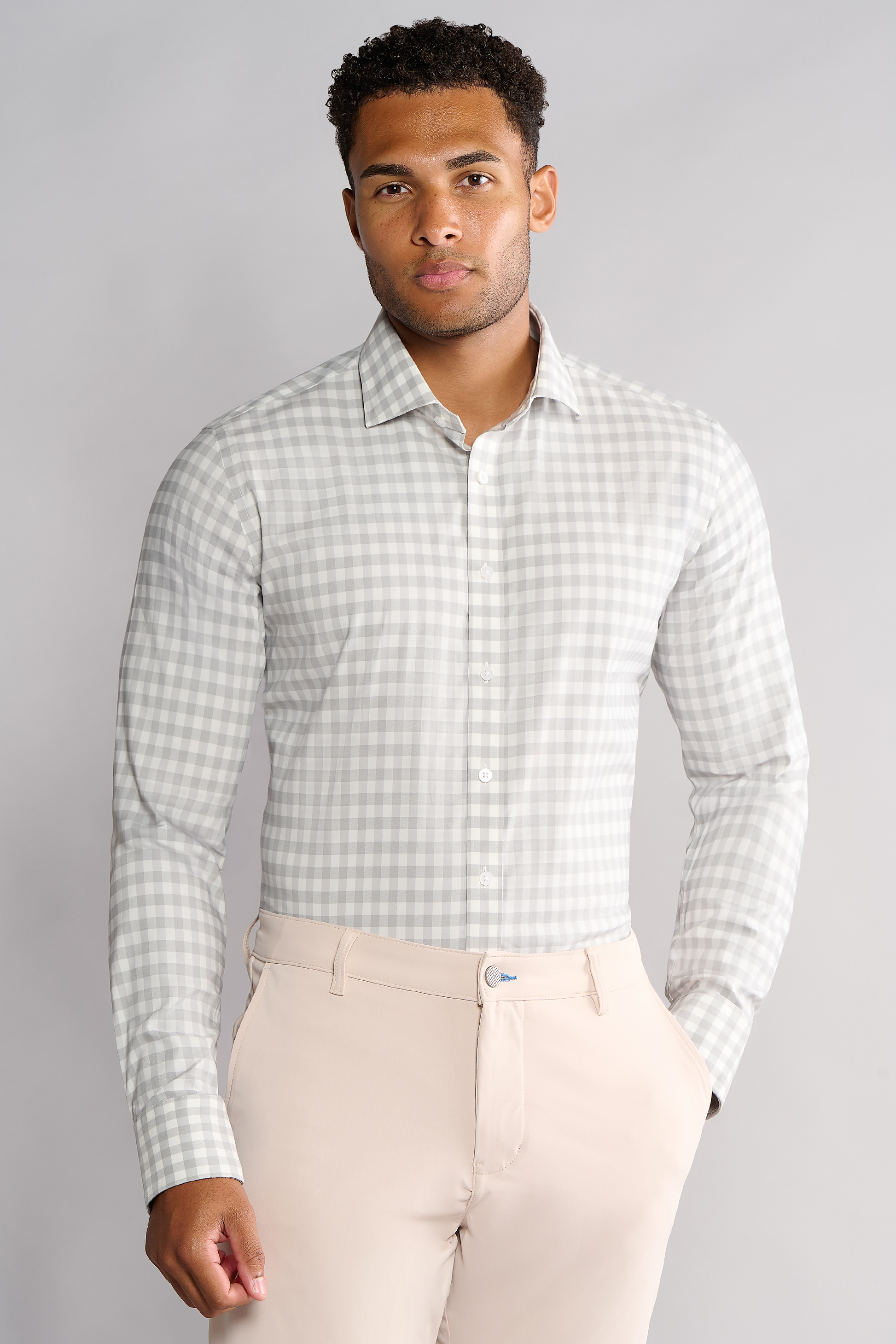 Men's Grey & White Gingham Dress Shirt (Light Grey Check Long Sleeve) Twillory Men's Grey & White Gingham Dress Shirt (Light Grey Check Long Sleeve) Twillory