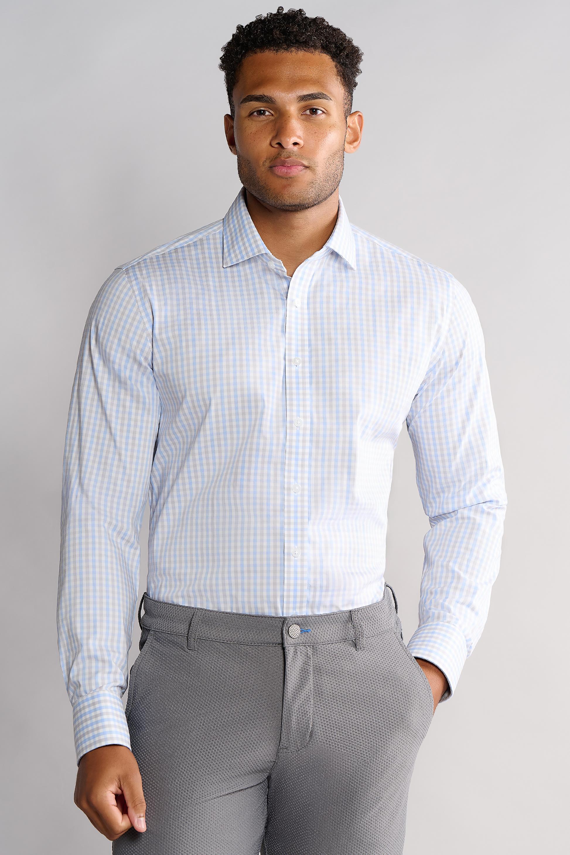 Men's Performance Blue/Grey/White Long Sleeve Dress Shirt: Stretch & Moisture Wicking | Twillory Men's Performance Blue/Grey/White Long Sleeve Dress Shirt: Stretch & Moisture Wicking | Twillory