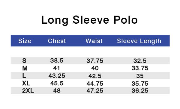 Performance Long Sleeve Polo Size Chart