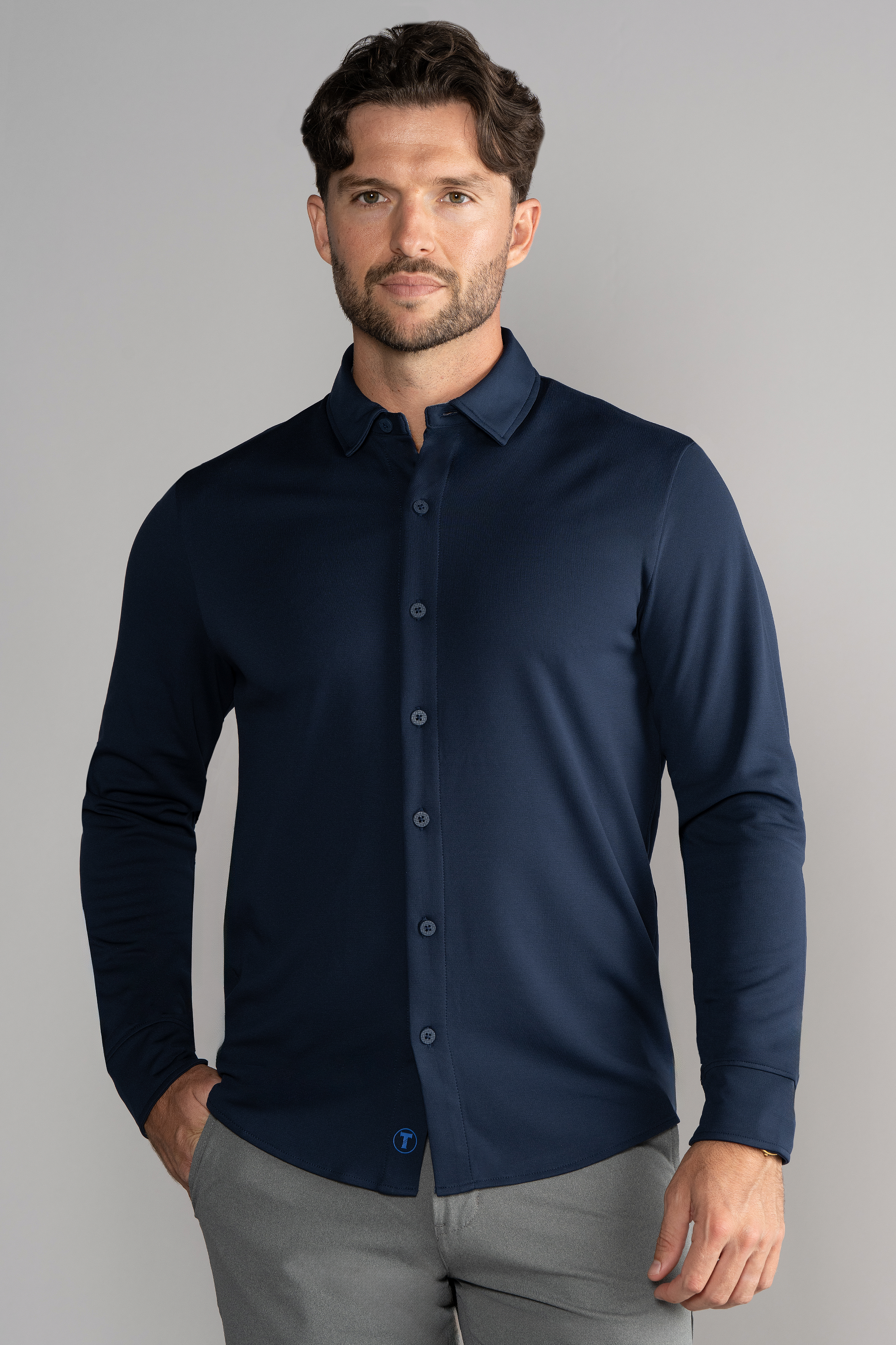 Long Sleeve Button Down Polo Solid // Navy