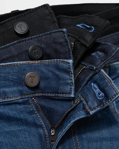 Stacked performance denim, close-up of button detail
