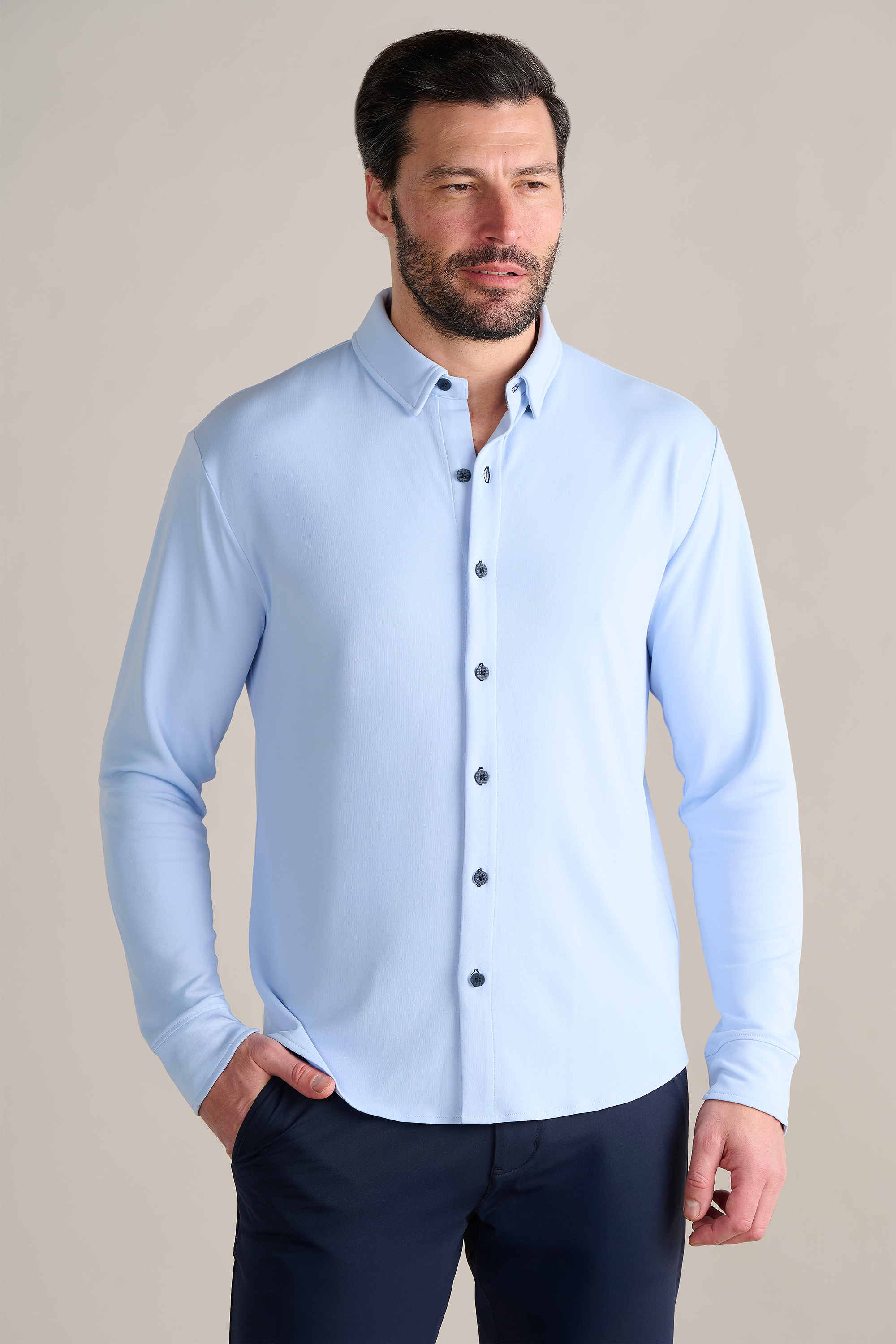 Long Sleeve Button Down Polo Contrast // Powder Blue Navy