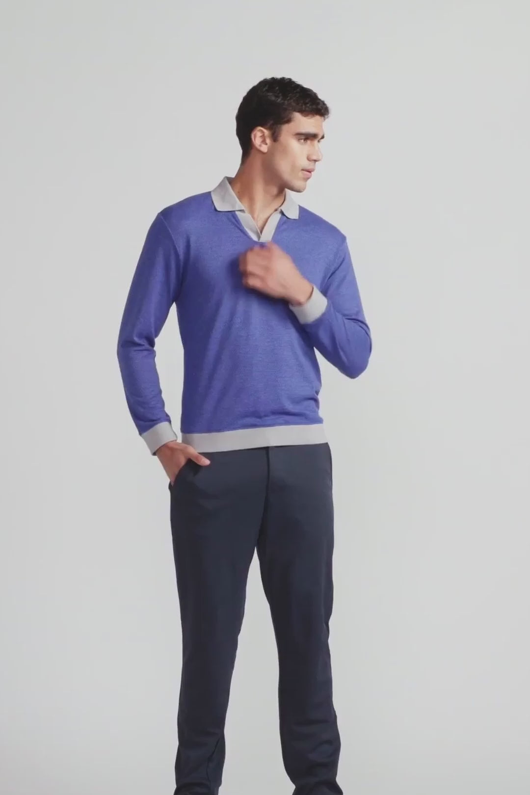 Load video: Long Sleeve Sweater Polo Contrast | Cobalt