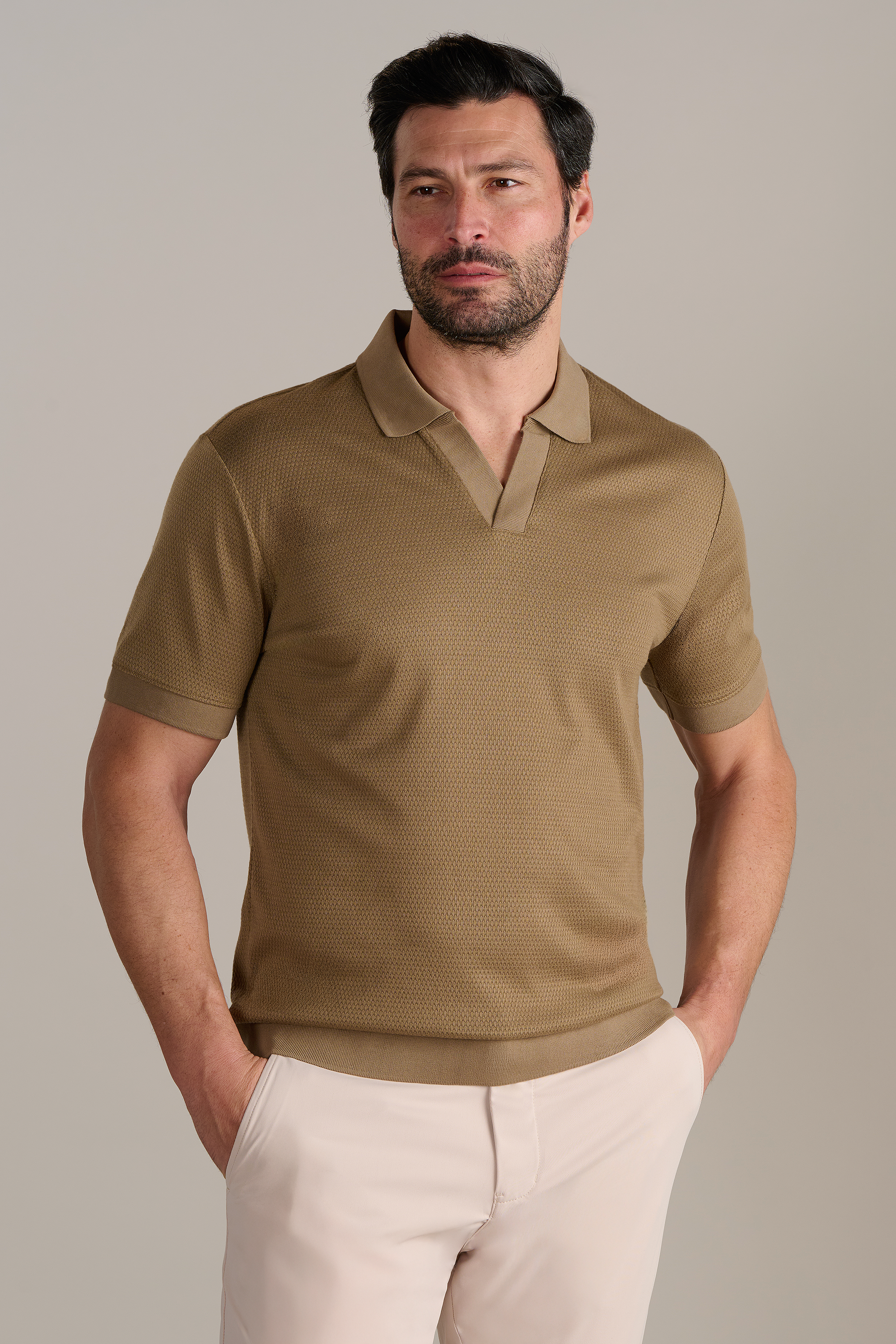 Short Sleeve Sweater Polo Solid // Sepia