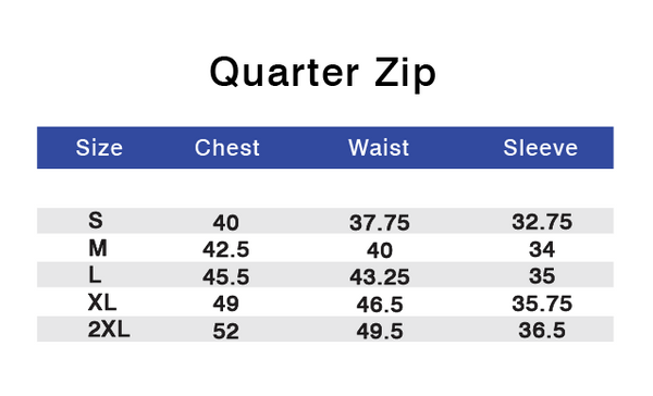 Performance Quarter Zip Size Chart