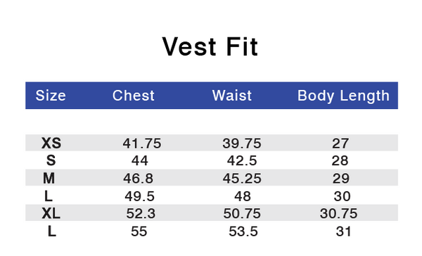 Performance Quilted Vest Size Chart