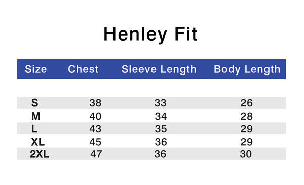 Performance Henley Size Chart