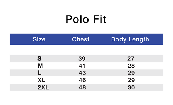 Performance Polo - Patterns Size Chart