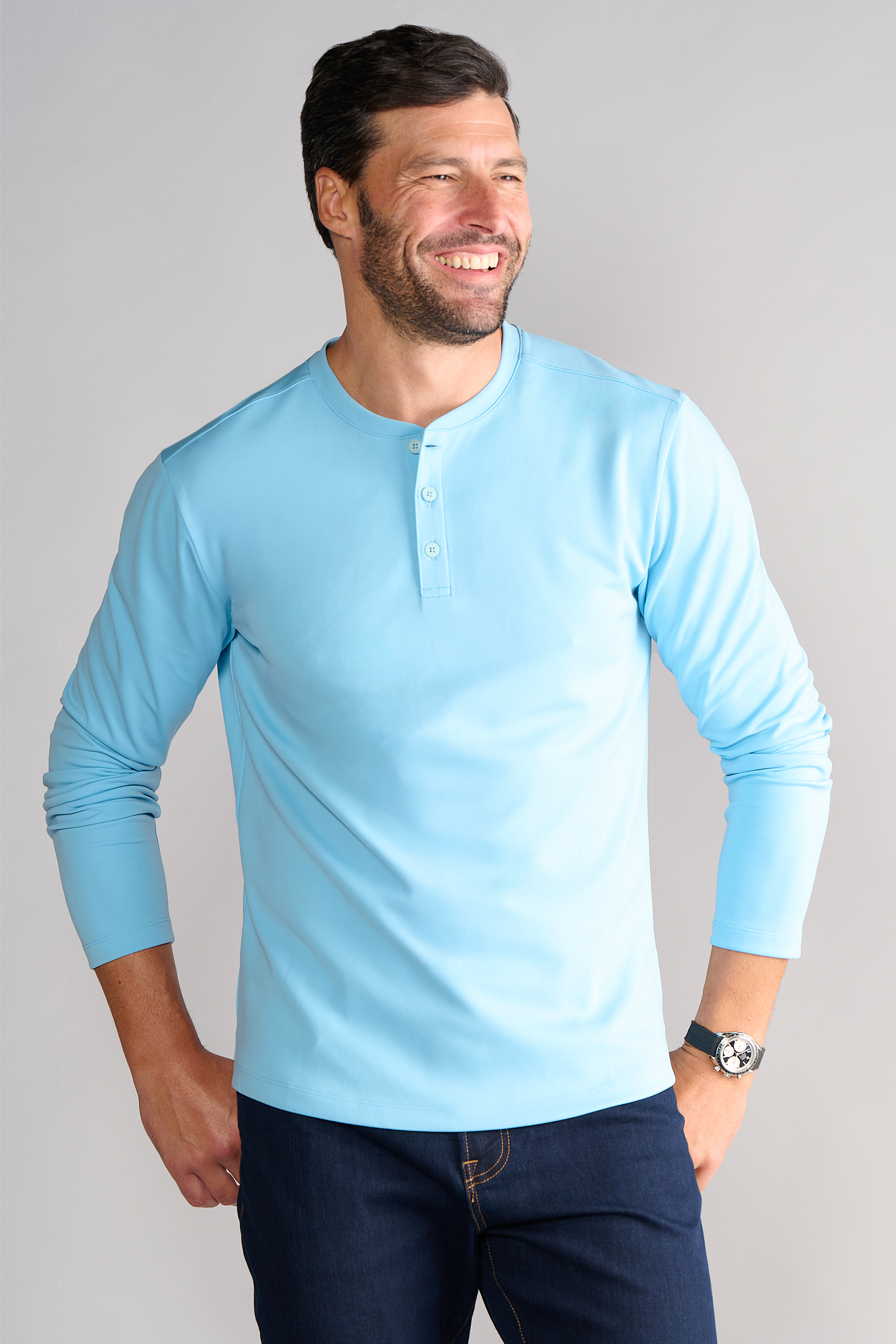 Hisir Henley Shirt Uomo A Maniche Lunghe | Maglietta Classica In Cotone Con Elastan (95% Cotone, 5% Elastan) | 3 Bottoni, Slim Fit | Casual, Blu Marino, Taglia L