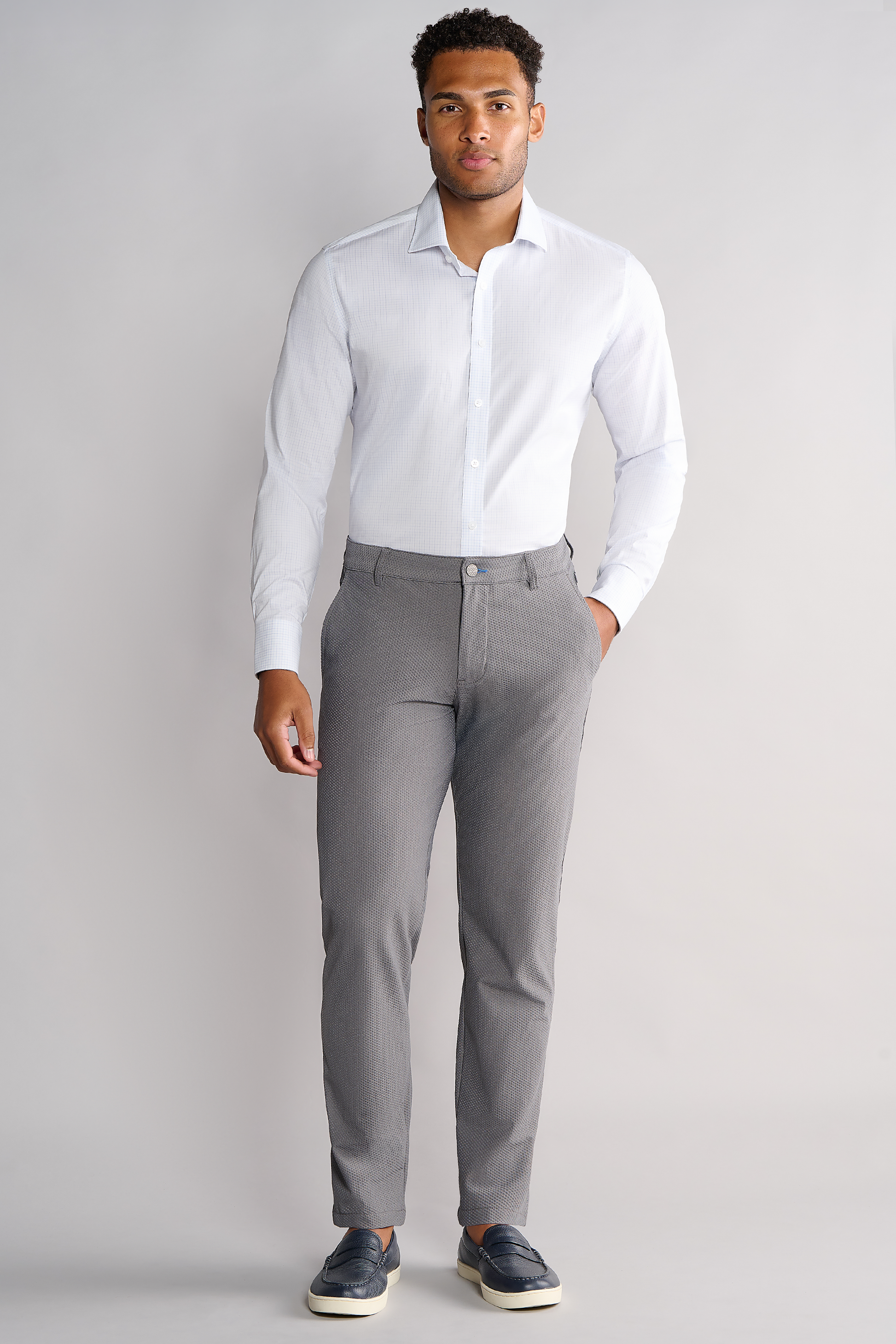 Men's Performance White/Blue Check Long Sleeve Dress Shirt: Stretch & Moisture Wicking Men's Performance White/Blue Check Long Sleeve Dress Shirt: Stretch & Moisture Wicking