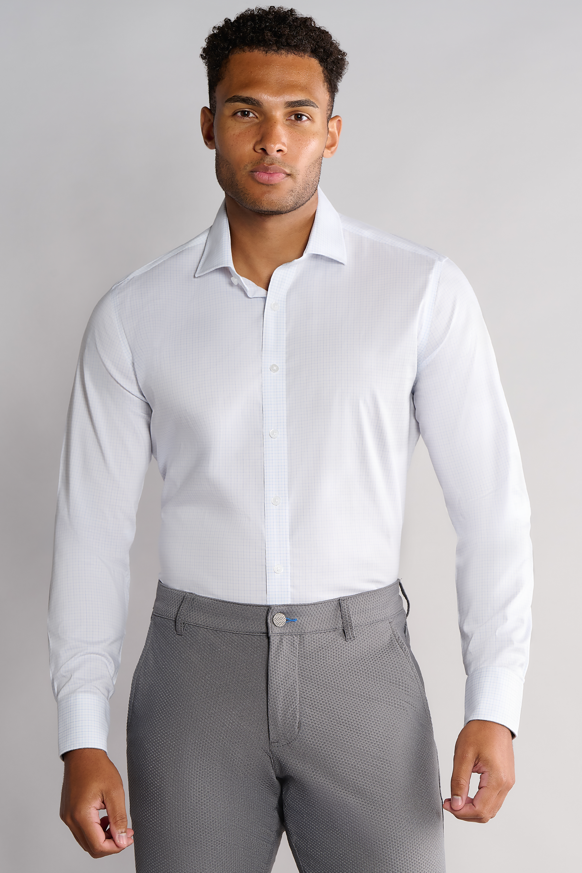 Men's Performance White/Blue Check Long Sleeve Dress Shirt: Stretch & Moisture Wicking | Twillory Men's Performance White/Blue Check Long Sleeve Dress Shirt: Stretch & Moisture Wicking | Twillory