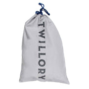 Gray drawstring bag with the word Twillory printed vertically in bold letters.
