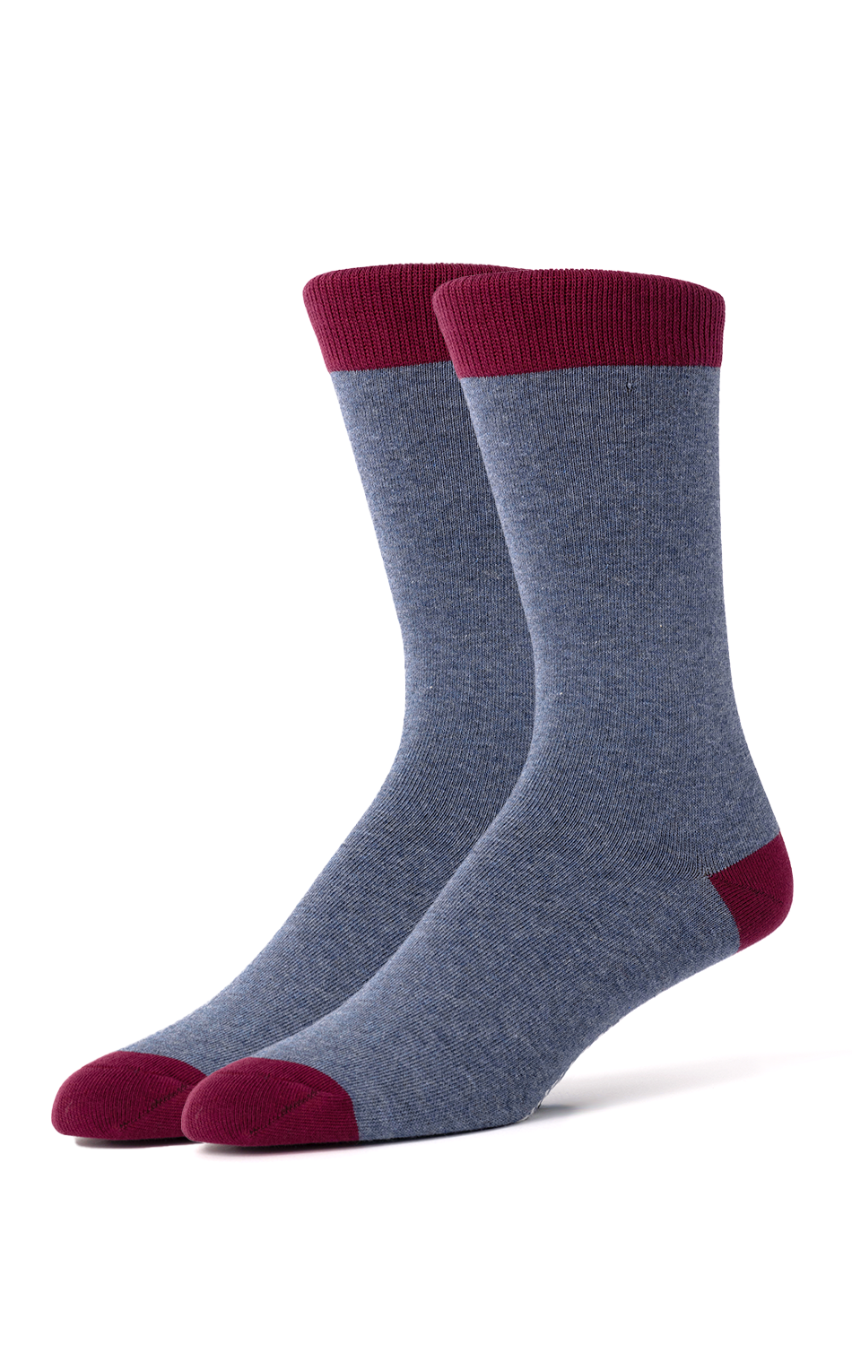 The Twillory So Solidly Grey socks feature a heathered blue-gray body with solid burgundy cuffs, heels, and toes. Stylish and modern, they stand upright side by side on a white background—perfect to elevate your everyday look.