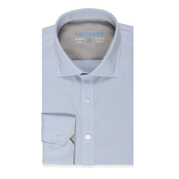 Men's Light Grey/Blue Checkered Dress Shirt: Performance Stretch | Twillory®