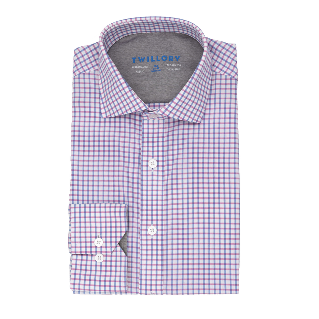 Men's Pink/Blue Grid Dress Shirt: Performance Stretch | Twillory®