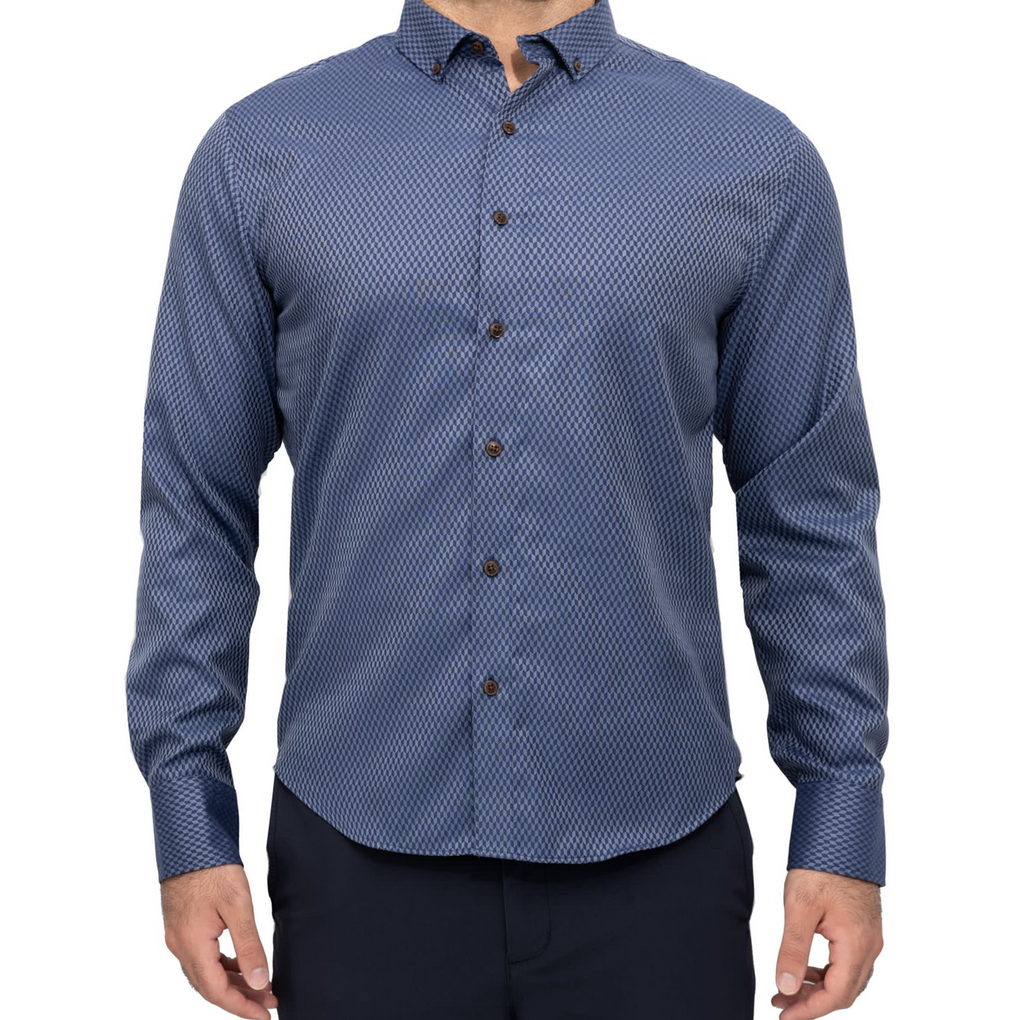 Men's Untucked Navy Hatch Pattern Long Sleeve Button Down Shirt ...