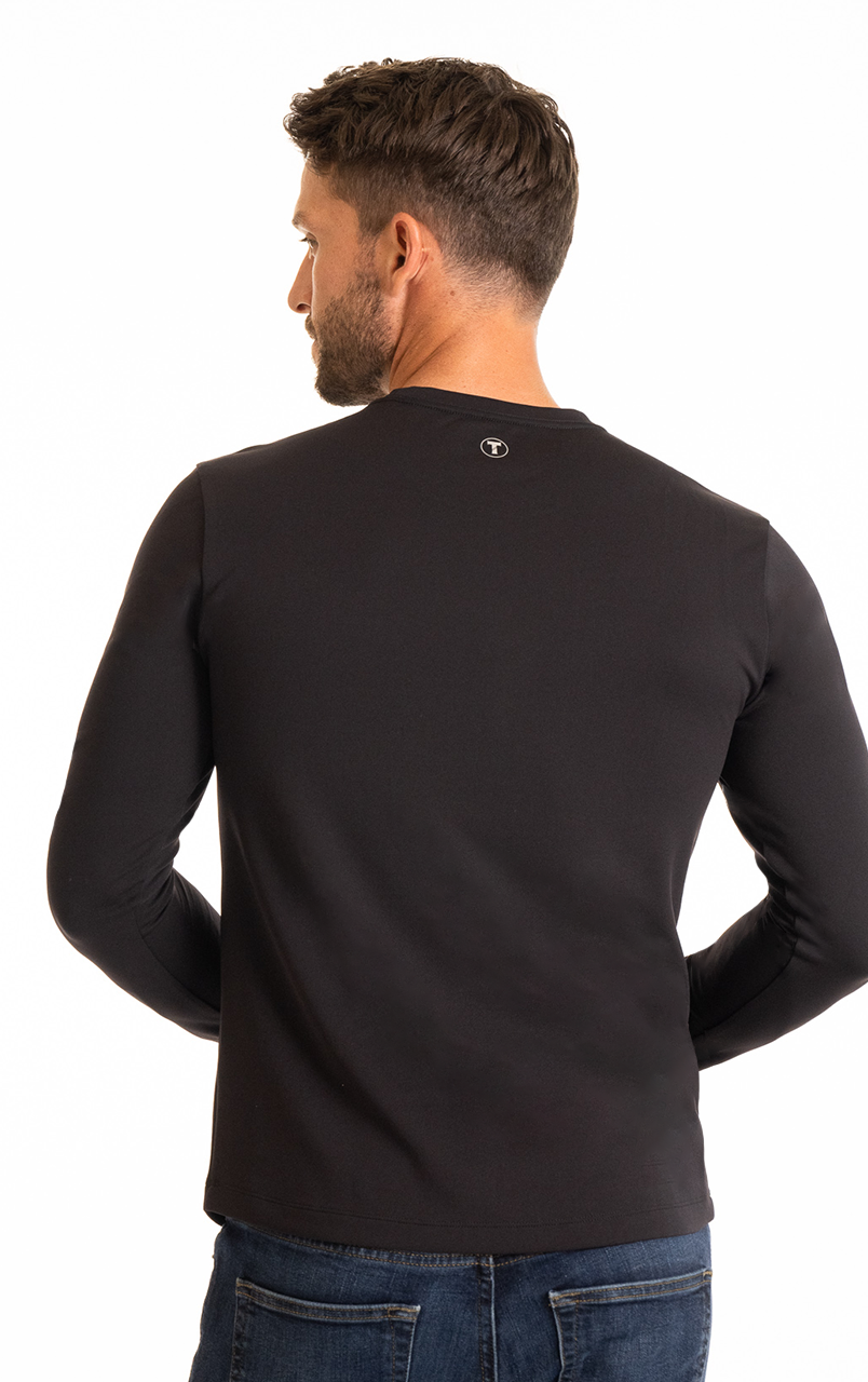 Man wearing black long-sleeve shirt viewed from the back.