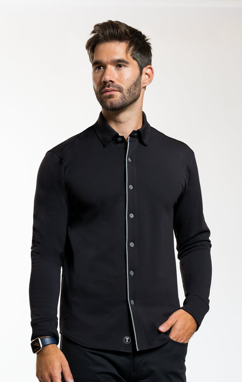 Black Jersey Button Up Collared Shirt