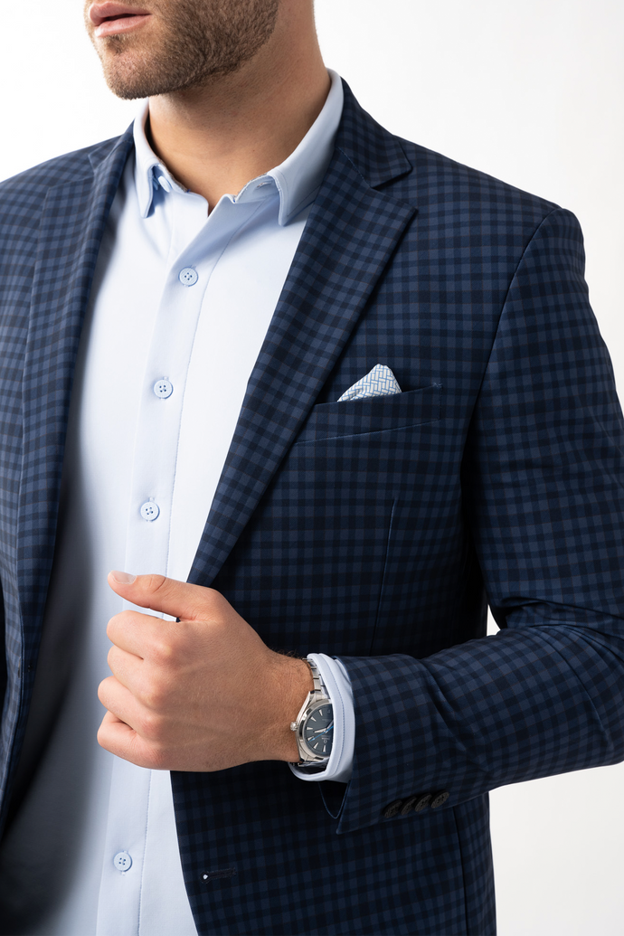 Men's Navy Checkered Performance Blazer (Blue Patterned Jacket) – Twillory