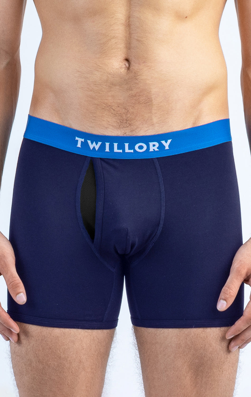 Man wearing navy blue Twillory boxer briefs with blue waistband.