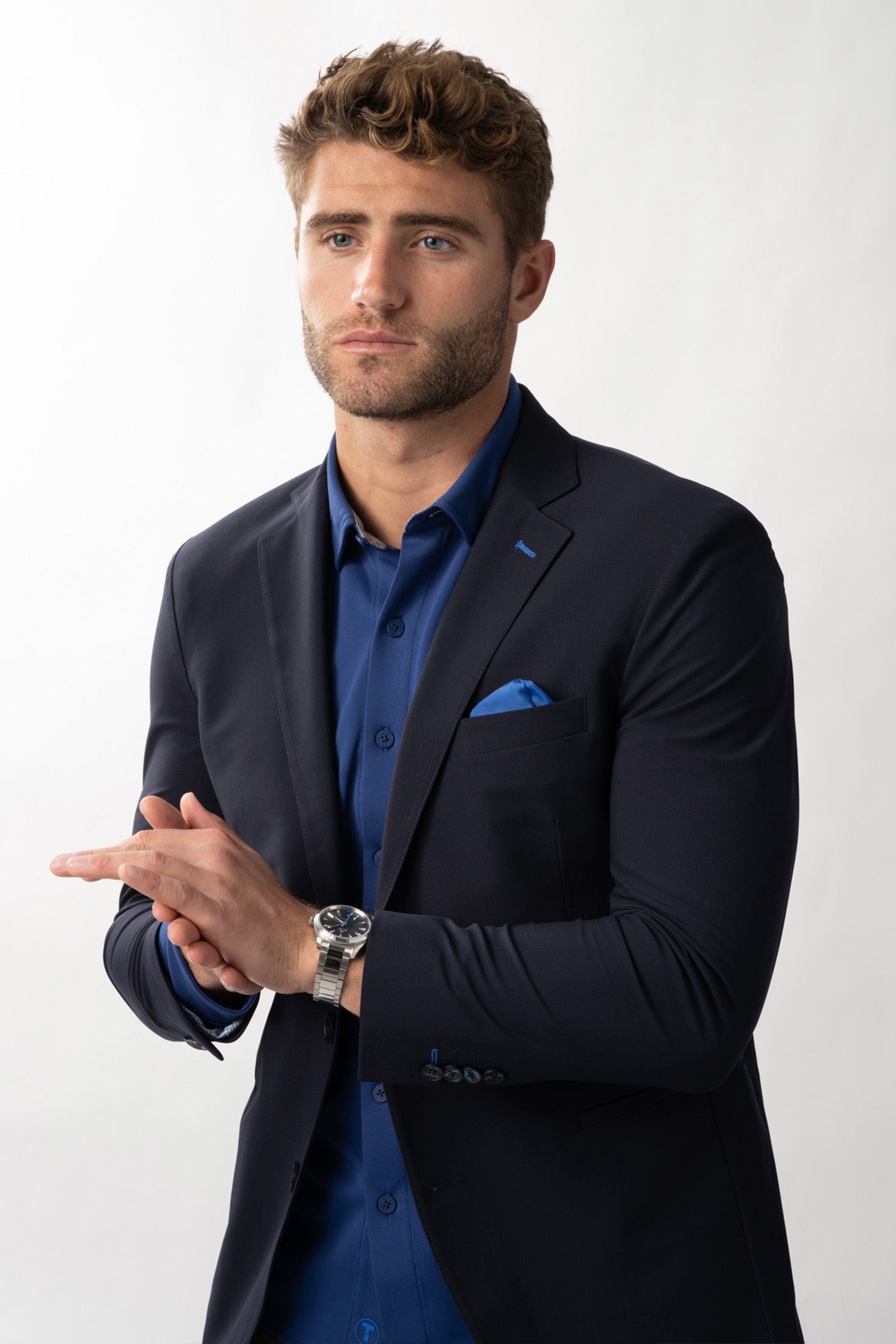Men's NAVY BLUE CONTRAST Stretch Blazer (Performance Jacket) Short / 40 Men's NAVY BLUE CONTRAST Stretch Blazer (Performance Jacket) Short / 40