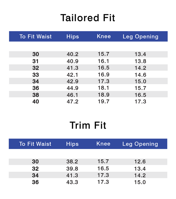 Performance Pants Extra Trim Size Chart